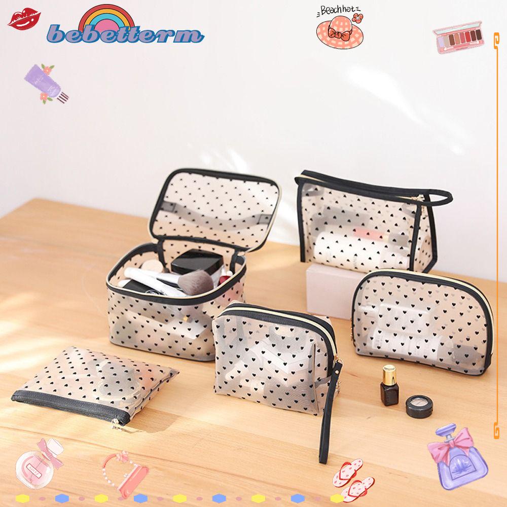 BEBETTERM Túi Lưới Đựng Mỹ Phẩm Màu Đen Trong Suốt Có Khóa Kéo In Hình Trái Tim Thời Trang