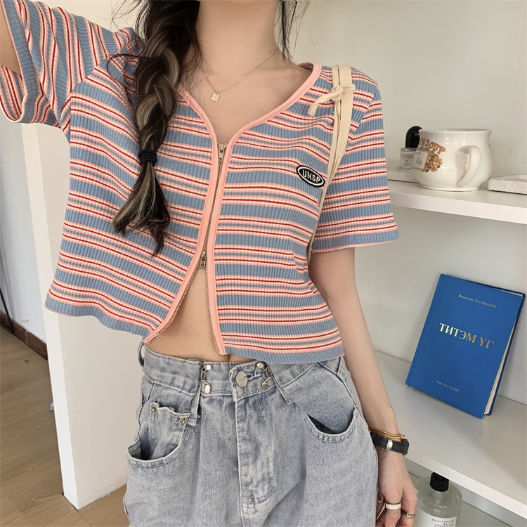 NZN Áo Thun Tay Ngắn Cổ Chữ V Họa Tiết Kẻ Sọc Thời Trang Mùa Hè Dễ Thương Cho Nữ