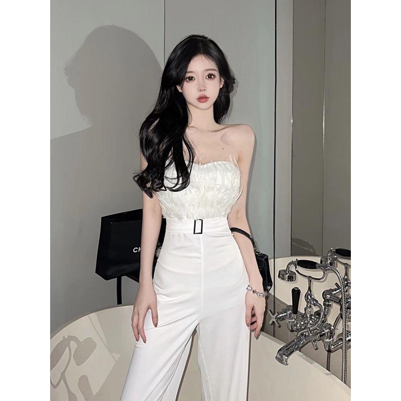 Áo Liền Quần Lưng Cao Dáng Ôm Phối Lông Vũ Phong Cách Hoàng Gia Mới Cho Nữ