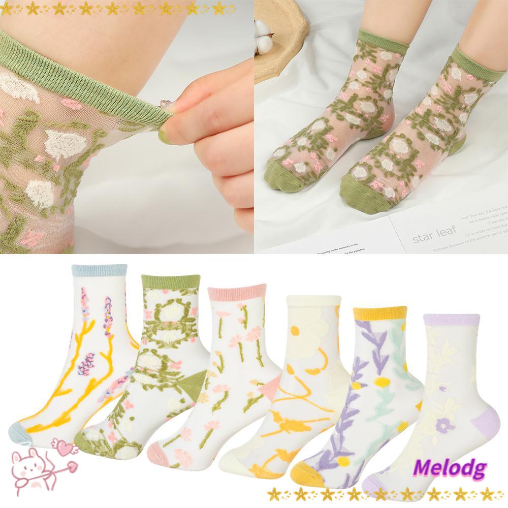 MELODG Vớ Cotton Cao Cổ Thêu Hoa Thời Trang Dành Cho Nữ