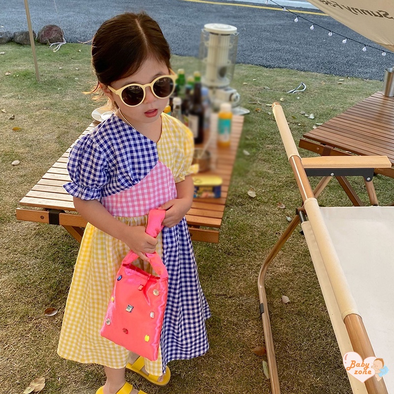 Đầm Công Chúa Tay Ngắn Phồng Cổ Chữ V In Họa Tiết Caro Thời Trang Mùa Hè Hàn Quốc Cho Bé Gái