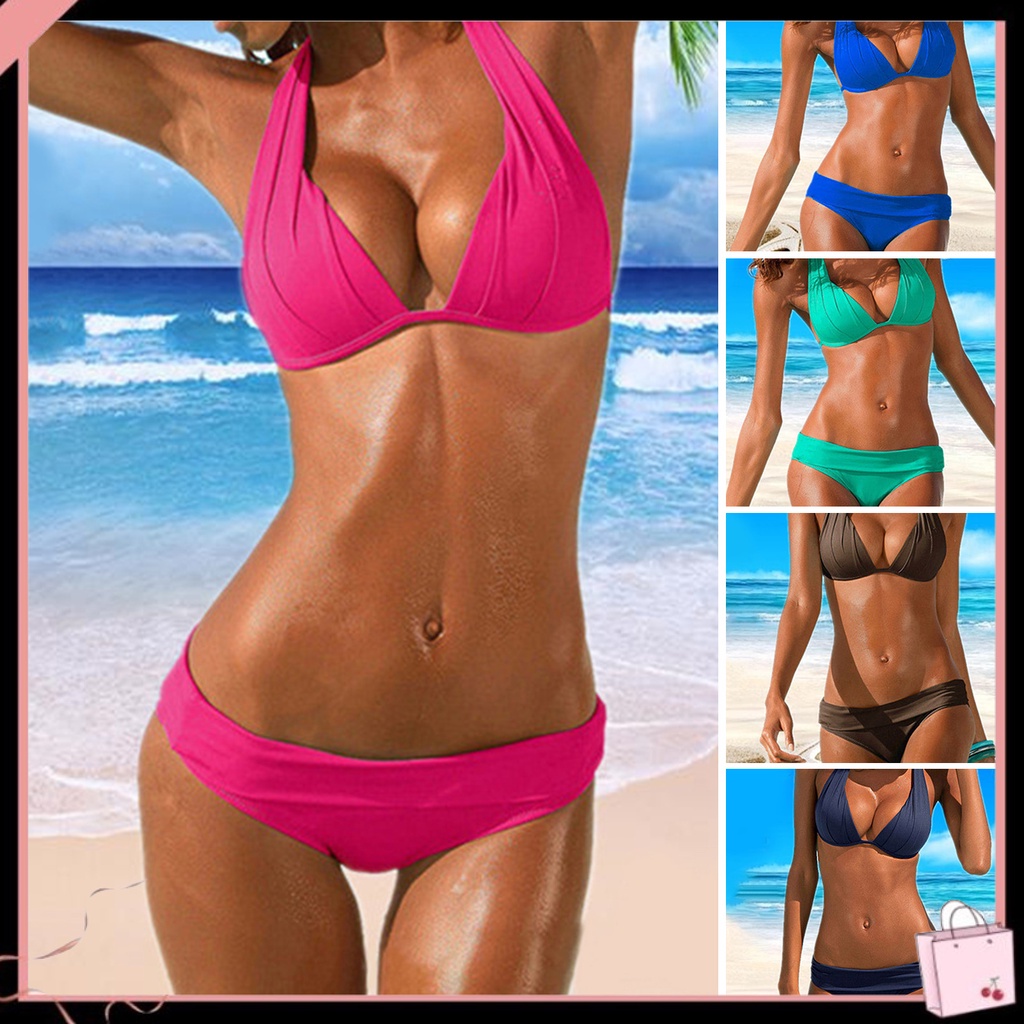 {Soltweter} Bộ Đồ Bơi Bikini Màu Trơn Thắt Dây Nhanh Khô Xếp Ly Lưng Thấp Quyến Rũ Cho Nữ Đi Biển