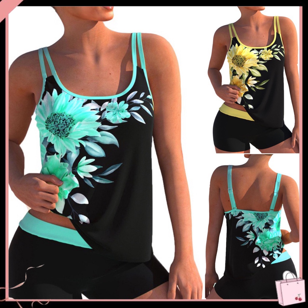 Bộ Đồ Bơi 2 Mảnh Không Tay In Hoa Hai Dây Che Bụng Thời Trang Đi Biển Cho Nữ