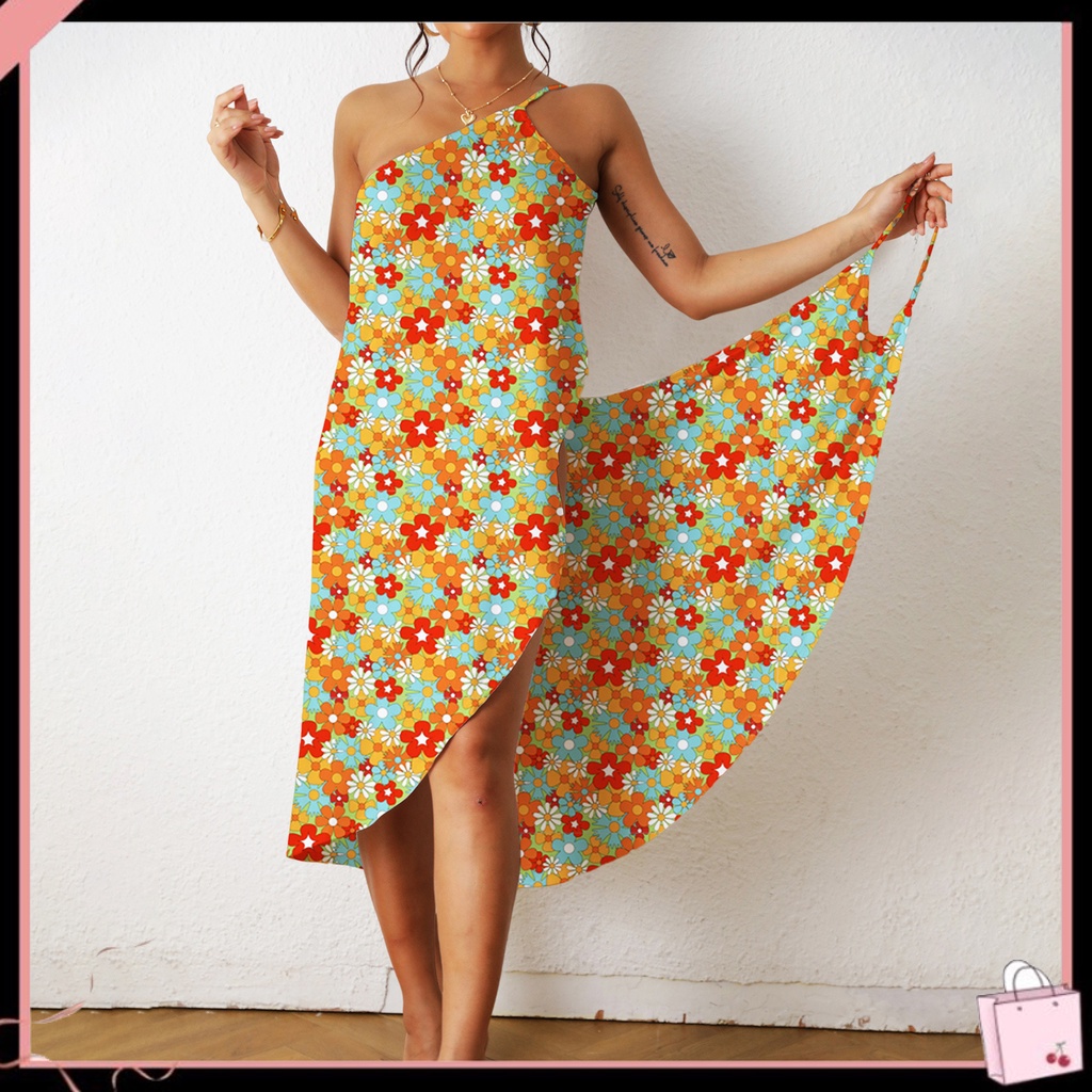 {Soltweter} Đầm Đi Biển Chui Đầu Hai Dây Bằng Lụa Sữa In Hình Dành Cho Nữ Đi Bơi Mùa Hè