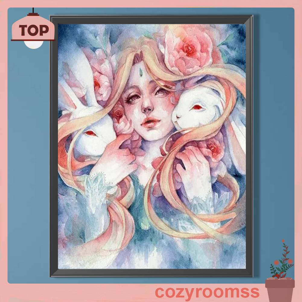 Tranh Đính Đá Kim Cương Toàn Bộ 5D DIY Hình Vẽ Cô Gái Và Thỏ