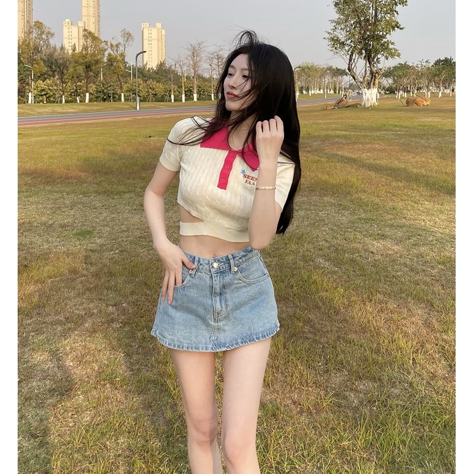 Nzn Áo Thun polo Dệt Kim Tay Ngắn Dáng Ôm Màu Tương Phản vintage Hàn Quốc Cho Nữ