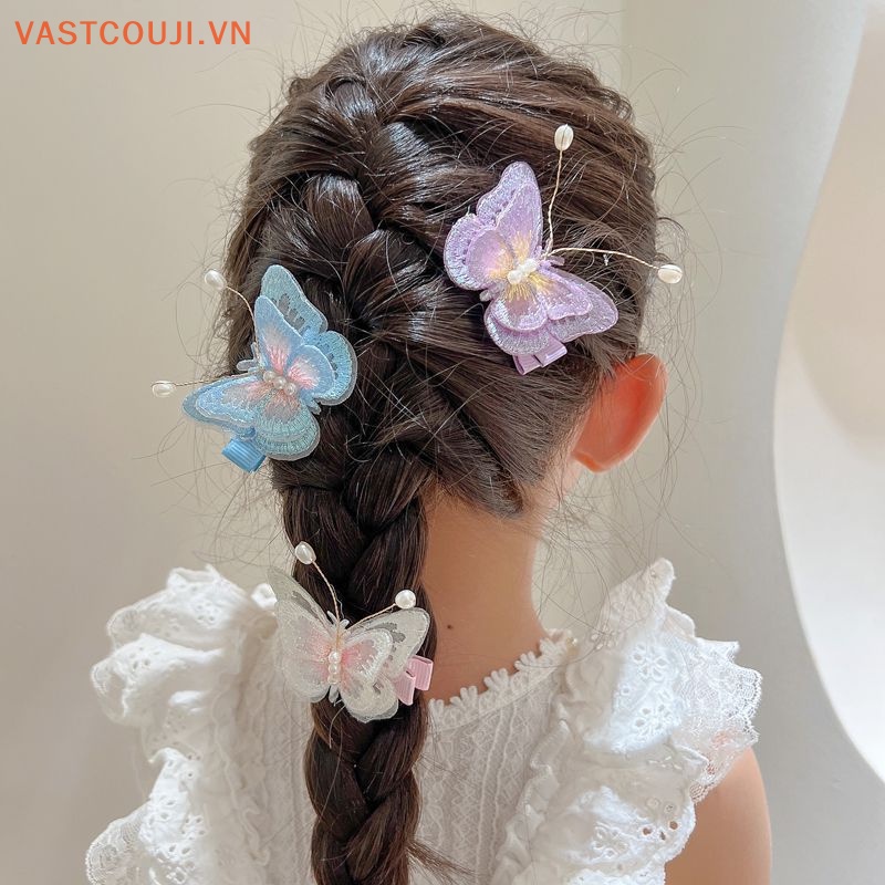 1 Cặp Kẹp Tóc Thêu Hình Bướm Đính Ngọc Trai Cho Bé Gái