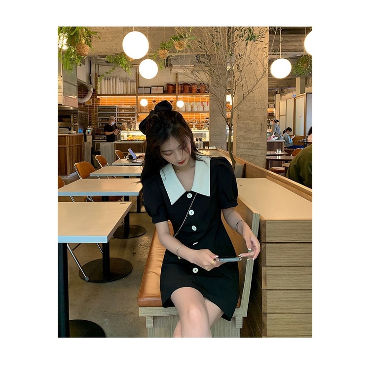 Đầm Đen Tay Phồng Cài Nút Phong Cách Hàn Quốc Thời Trang Mùa Hè Xinh Xắn Cho Nữ