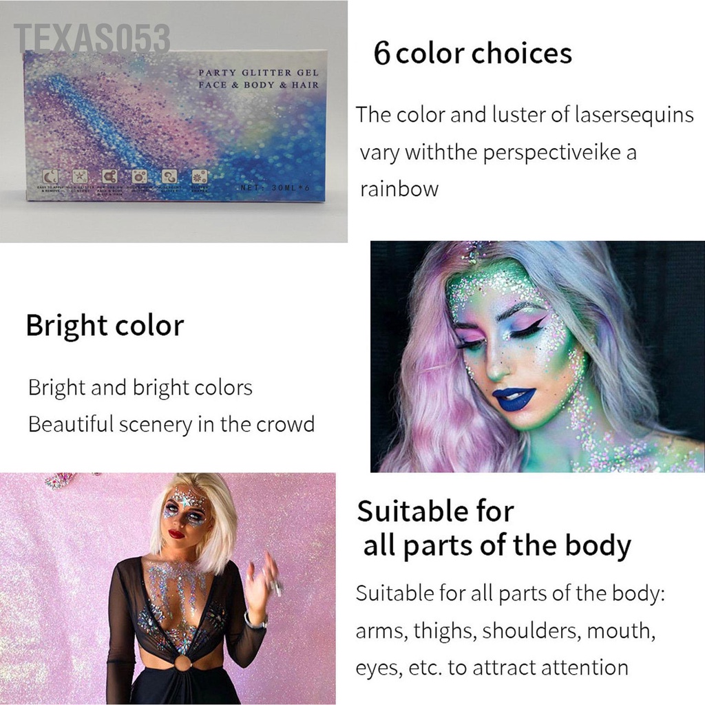 Texas053 Bộ 6 Màu Mịn Lấp Lánh Toàn Phương Thủ Công Mỹ Phẩm Cho Thân Móng Mặt Tóc Phấn Mắt Trang Điểm 180ML