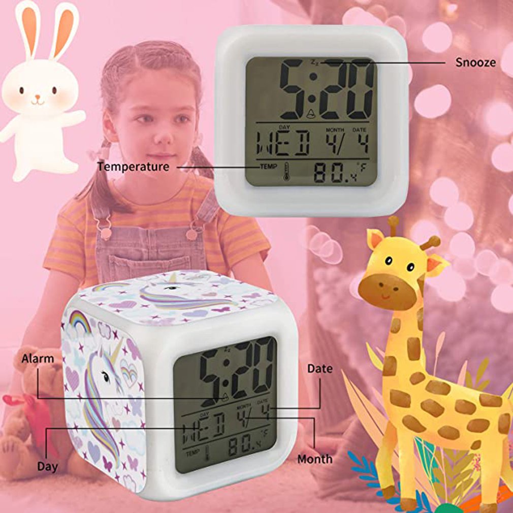 =Christmas=4-sided Unicorn Pattern And 7 Kinds Of LED Luminous Wake-up Bedside Clock