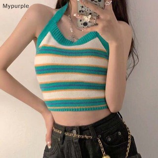 Mypurple Áo Dây Nữ Áo Crop Top Y2K gợi cảm Áo Crop Top sọc dệt kim hở lưng không dây