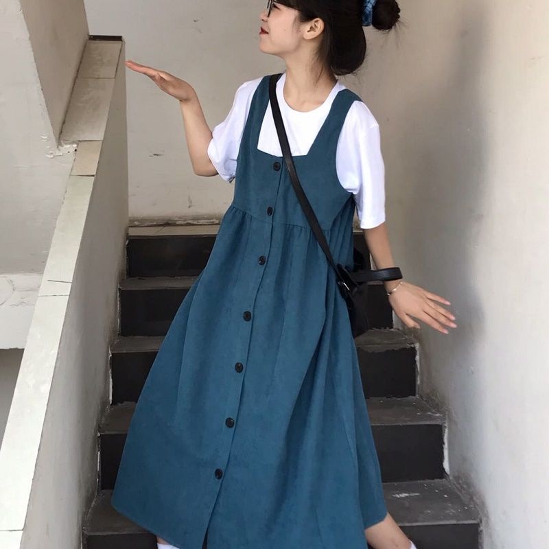 set babydoll Váy liền yếm ngọt ngào váy vest dáng dài vừa dáng người nhỏ rộng rãi cho nữ sinh áo phông dễ phối đồ Học Đường Bộ hai chiếc