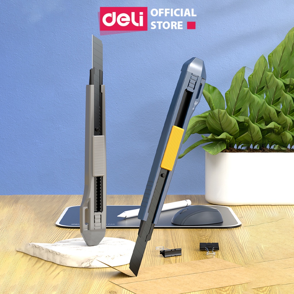 Dao rọc giấy Deli cao cấp lưỡi thép không gỉ SK5 - Dao rọc mini bỏ túi kim loại tiện lợi văn phòng học sinh có móc treo