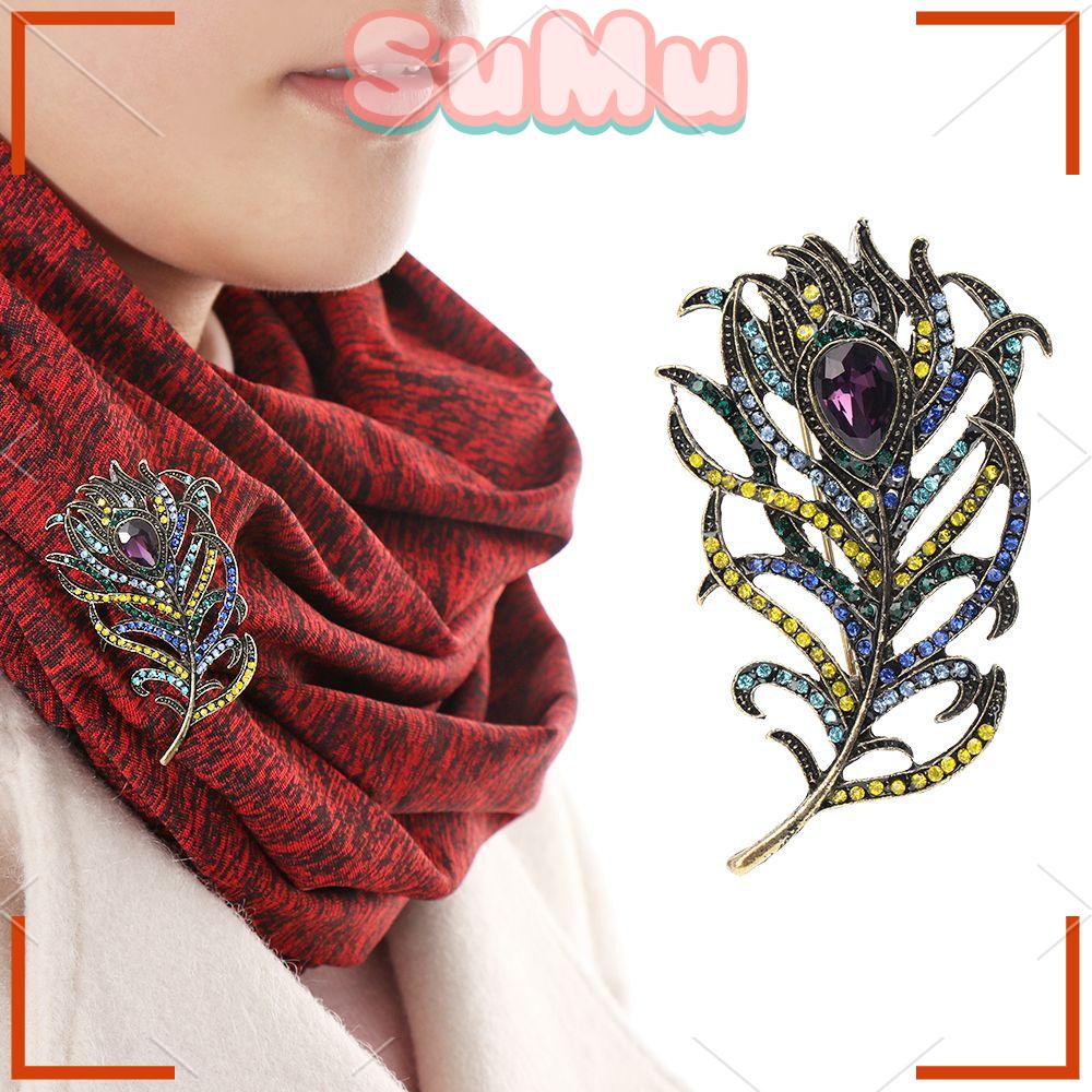 SUMU Ghim Cài Áo Hình Con Công Đính Đá Pha Lê Xanh Đậm Phong Cách Boho