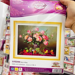 Tranh đính đá- tranh thêu bình hoa hồng lv401 lv3344 chưa đính chưa thêu