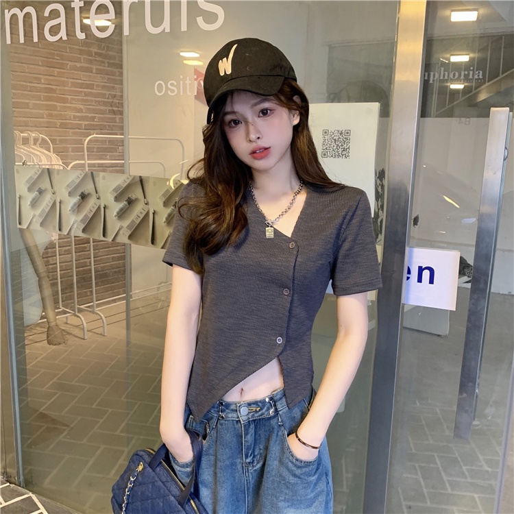 NZN Áo Thun Ngắn Tay Cổ Chữ V Thiết Kế Không Đồng Đều Thời Trang Mùa Hè Mới Dành Cho