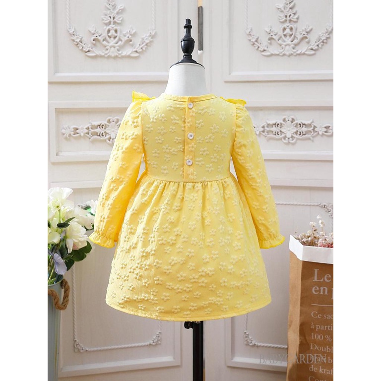 Đầm Chữ A Tay Dài Cổ Tròn Đính Nơ In Hoa Màu Vàng Dành Cho Bé Gái 0-24 Tháng Tuổi