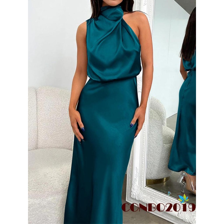 Đầm Dài Không Tay Cổ Lọ Chất Liệu Satin Màu Trơn Thanh Lịch Cho Nữ