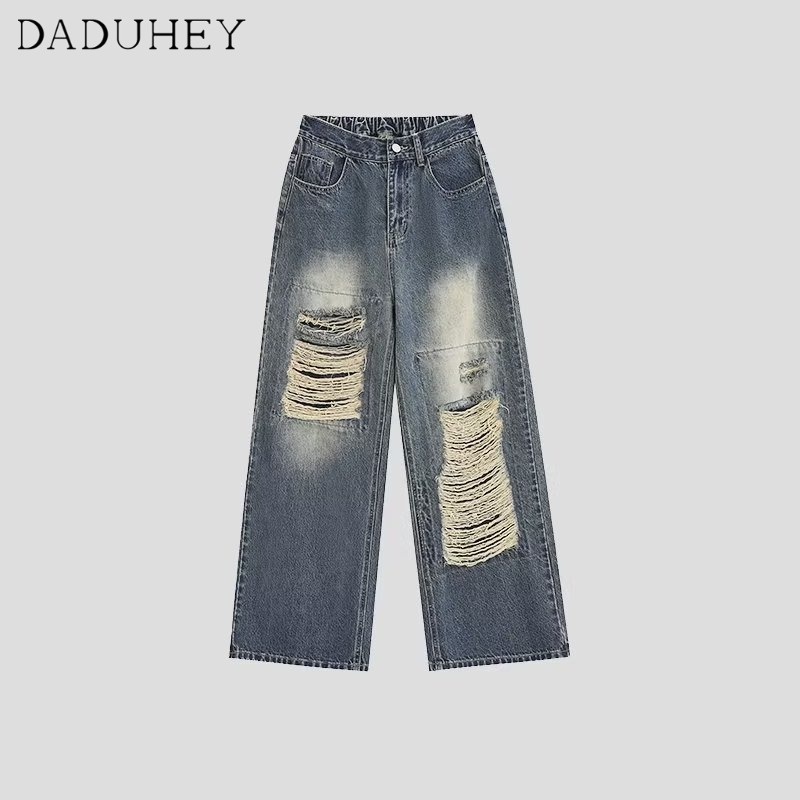 Quần jean DaDuHey lưng cao ống rộng phối rách thời trang cá tính cho nữ