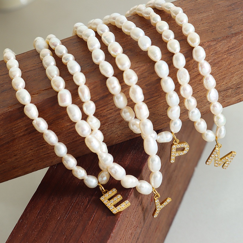 Freshwater Vòng cổ 26 Chữ Cái Khảm Đá zircon Toàn Diện Bằng Thép Titan Mạ Vàng Kim
