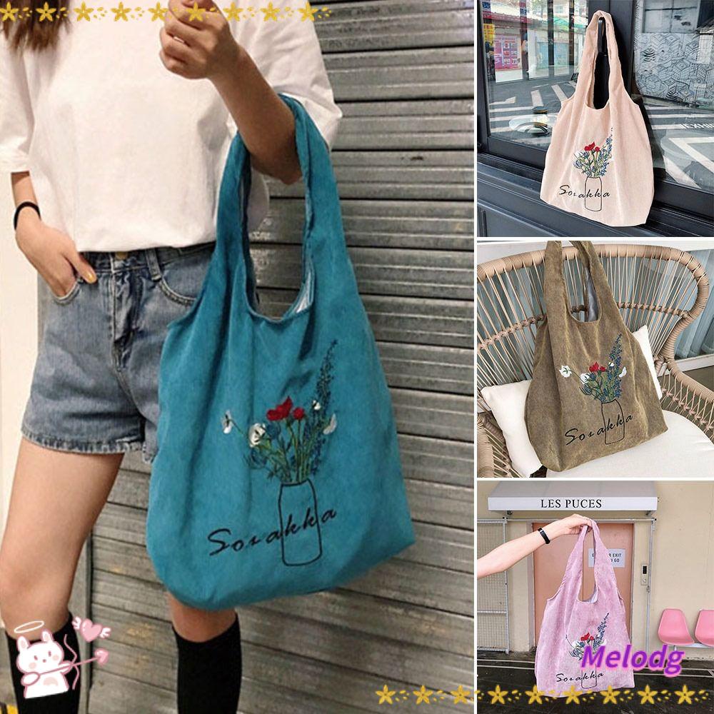 MELODG Túi Tote Đeo Vai Bằng Vải Nhung Màu Trơn Thoải Mái