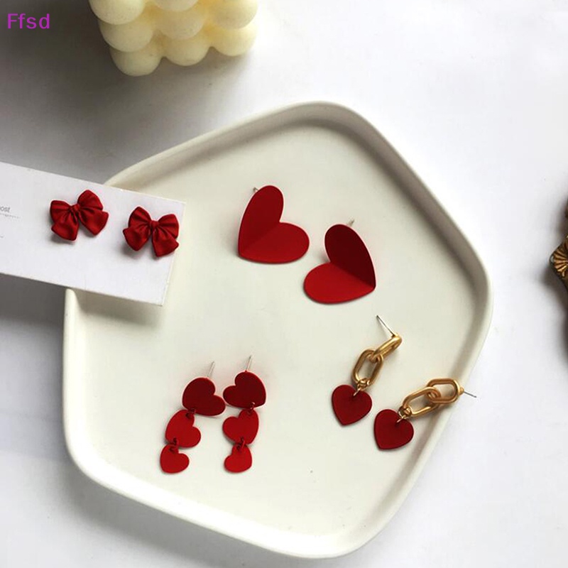 {Ffsd} Khuyên Tai Đinh Tán Hình Nơ Trái Tim Đỏ Thời Trang Ngọt Ngào Quà Tặng Ngọt Ngào Cho Nữ