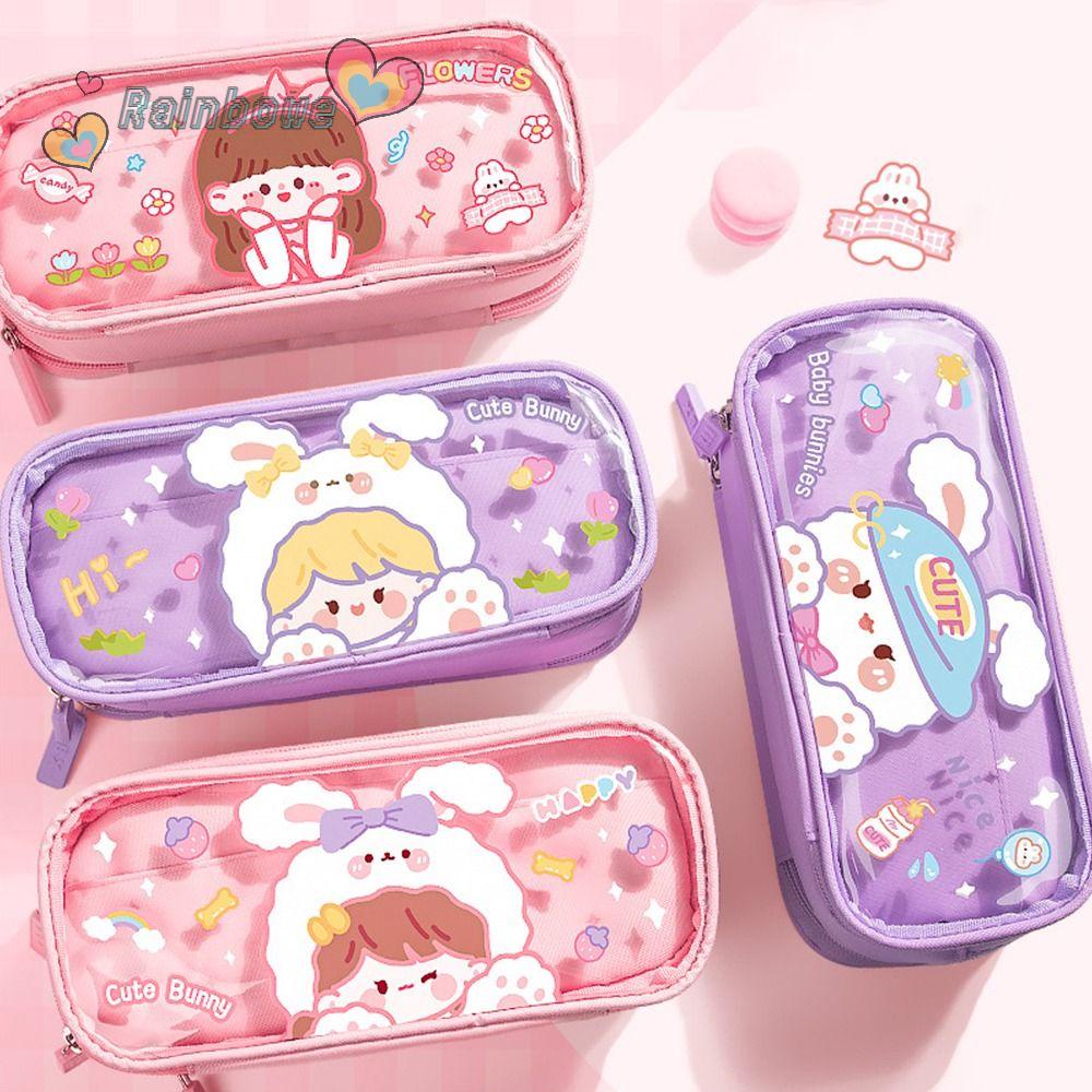 RAINBOW Túi Đựng Bút Chì Ba Ngăn Trong Suốt Sức Chứa Lớn Có Khóa Kéo Họa Tiết Hoạt Hình