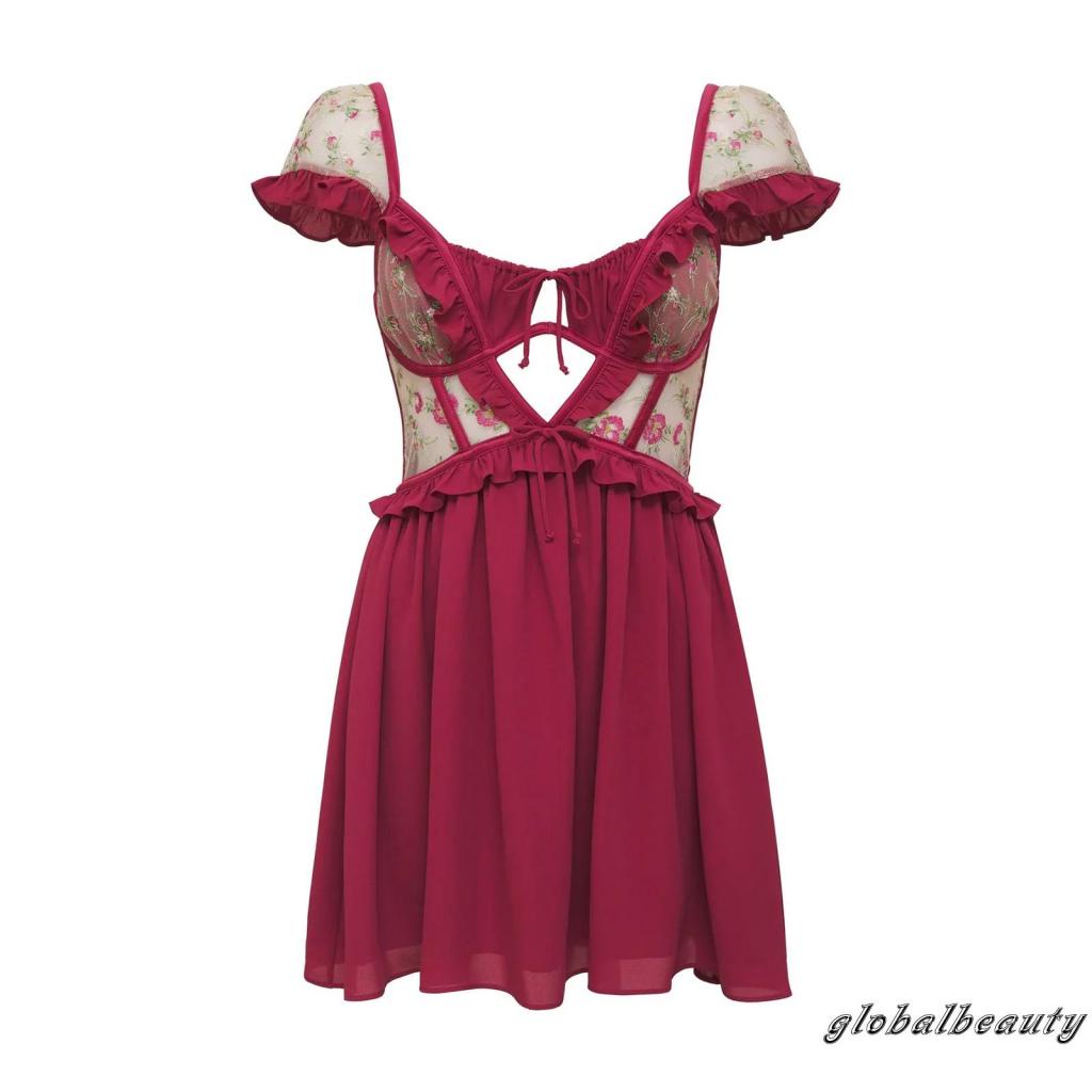 Đầm Tay Ngắn Hở Lưng Phối Lưới Họa Tiết Hoa Thời Trang Đường Phố Cho Nữ