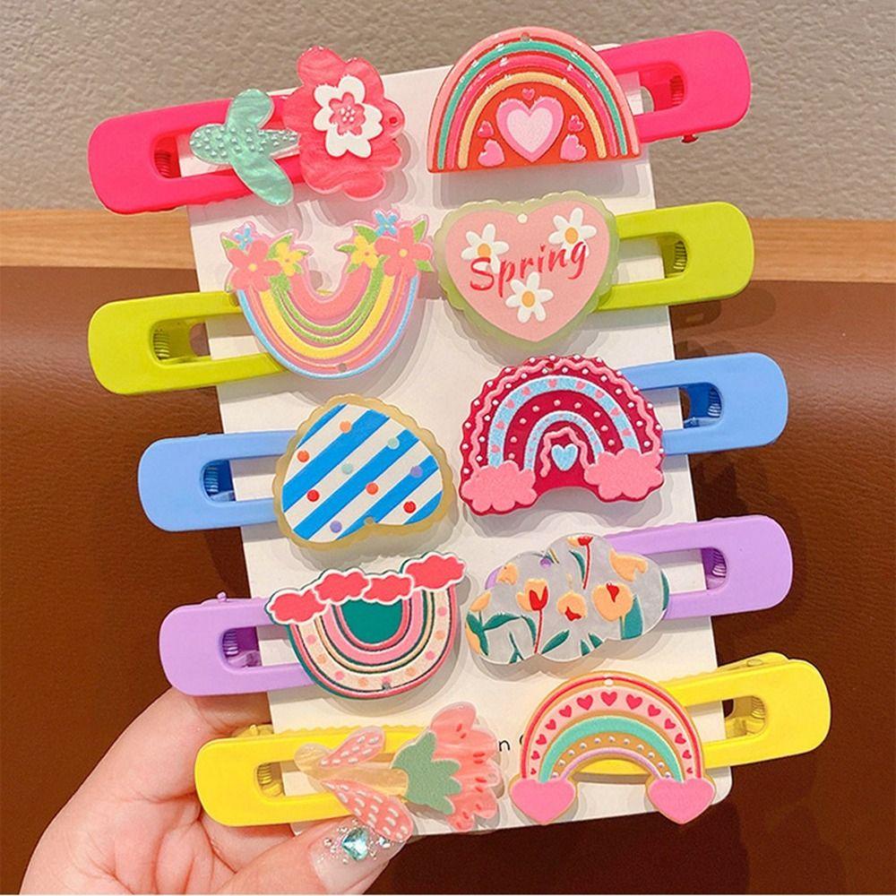 MIQUEL Bộ 2 Kẹp Tóc Bằng Acrylic Họa Tiết Hoạt Hình Trái Tim / Bông Hoa Màu Cầu Vồng Xinh Xắn Cho Bé Gái