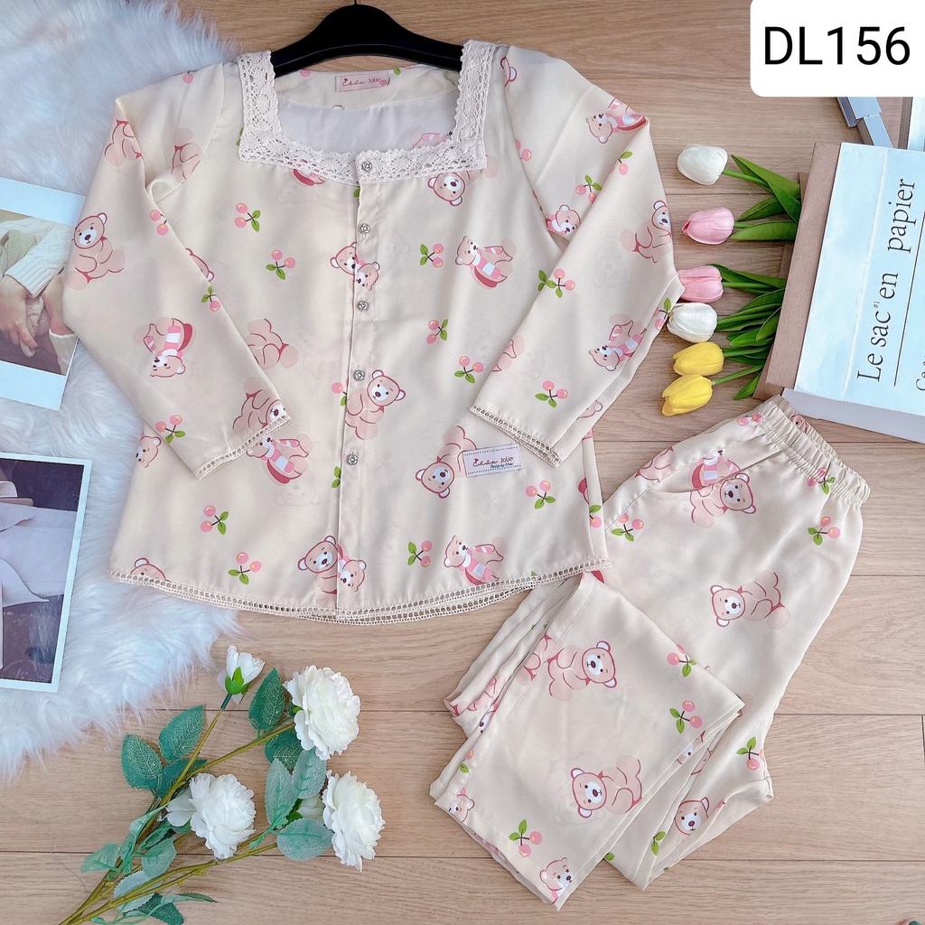 (Bunnysky) Đồ bộ mặc nhà nữ, bộ sau sinh,  bồ bộ thiết kế cổ vuông ren khuy cài tay dài quần dài