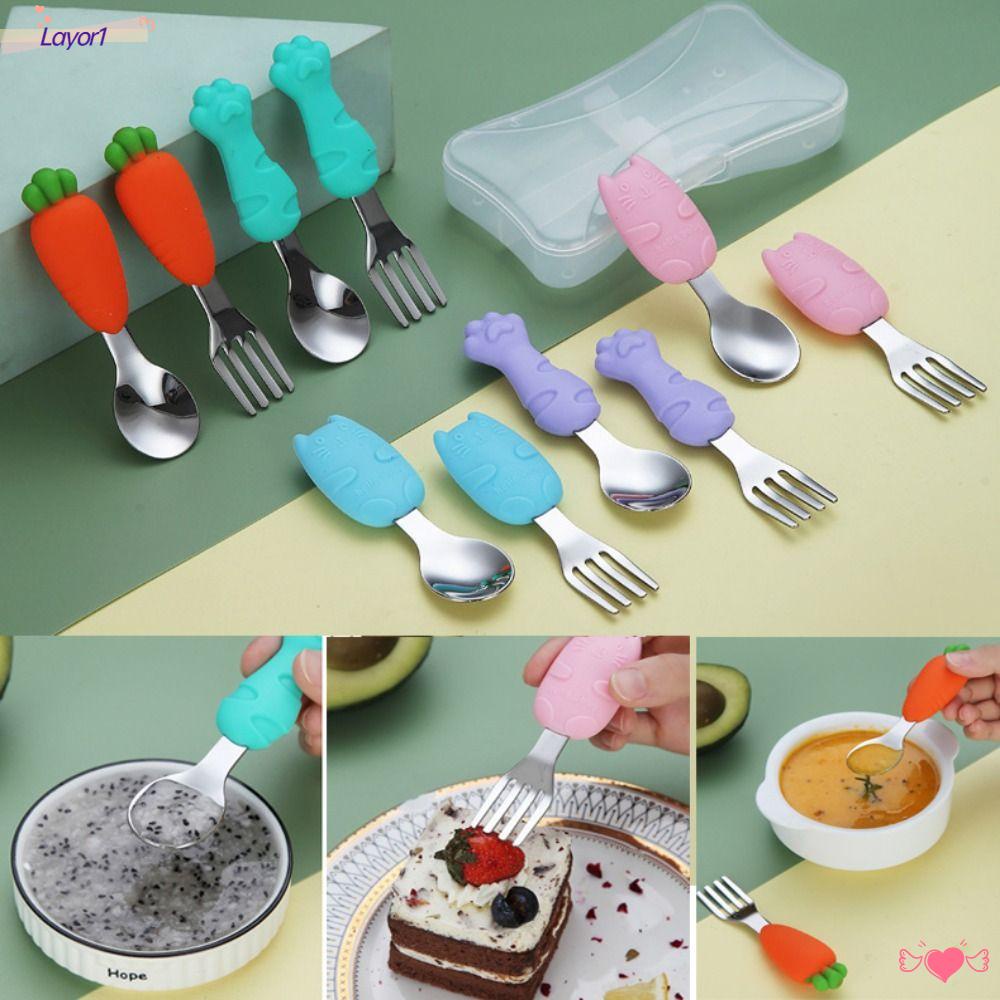 LAYOR1 Muỗng Nĩa Bằng Thép Không Gỉ Mềm Mại Họa Tiết Hoạt Hình Cho Bé Tập Ăn
