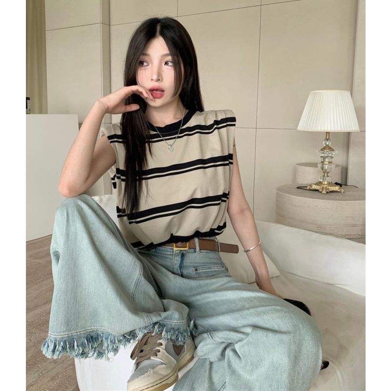Áo Thun Sát Nách Cổ Tròn Dáng Rộng Hoạ Tiết Kẻ Sọc Thời Trang Mùa Hè