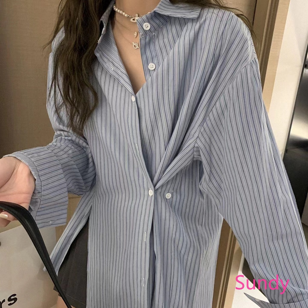 Áo Sơ Mi Dài Tay Hoa Văn Kẻ Sọc Thời Trang Mùa Xuân Hè Hàn Quốc Dành Cho Nữ