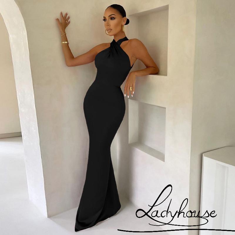 Đầm Dự Tiệc Hai Dây Dáng Dài Hở Lưng Màu Trơn Gợi Cảm Cho Nữ