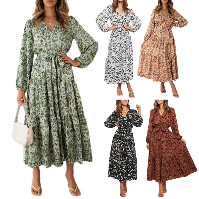 Đầm Maxi Tay Dài Cổ Chữ V In Họa Tiết Da Báo Phối Dây Thắt Lưng Phong Cách Bohemian Dành Cho Nữ