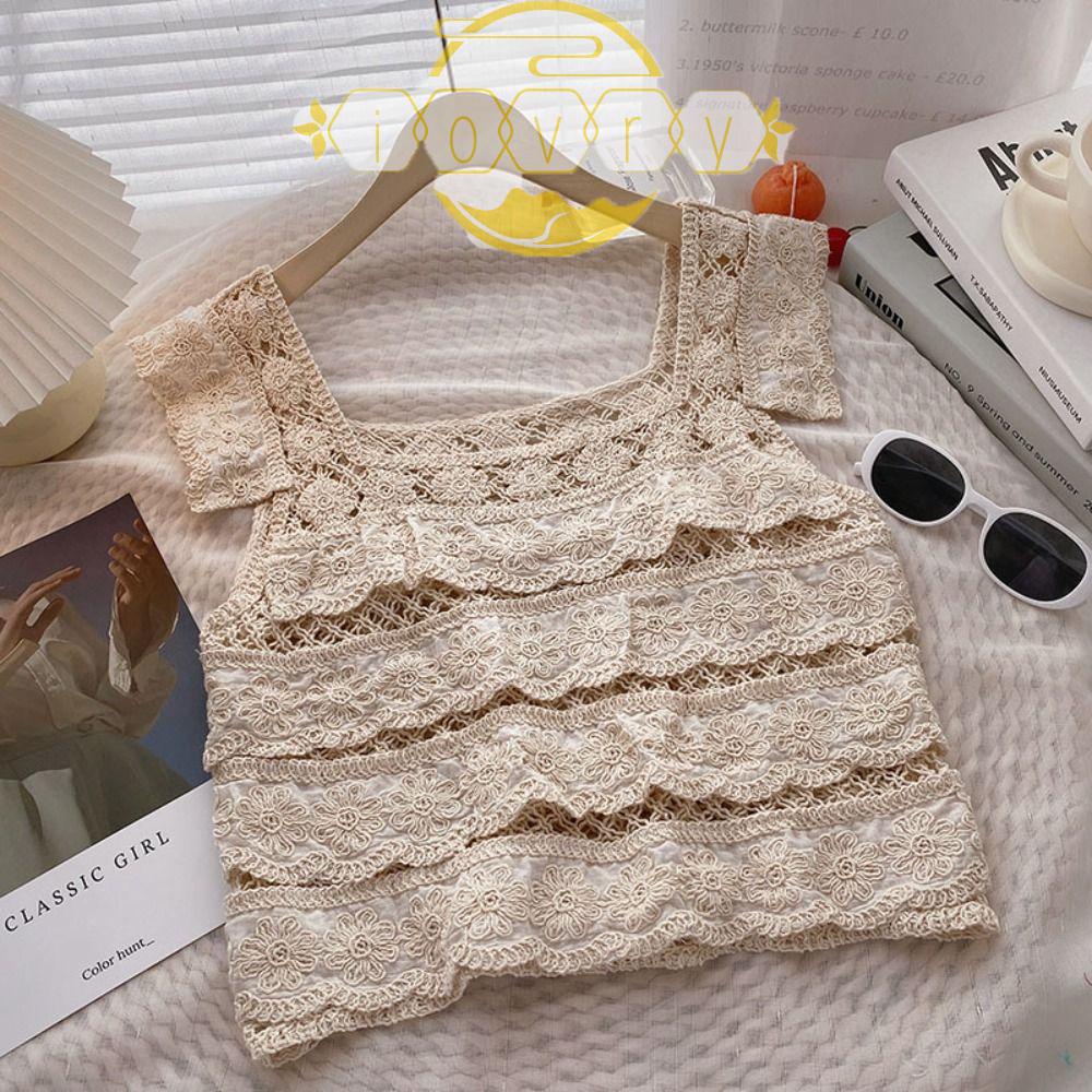 IVORY Áo Dệt Kim Sát Nách Phối Ren Hoa Phong Cách Hàn Quốc Ngọt Ngào Thời Trang Đi Biển Cho Nữ