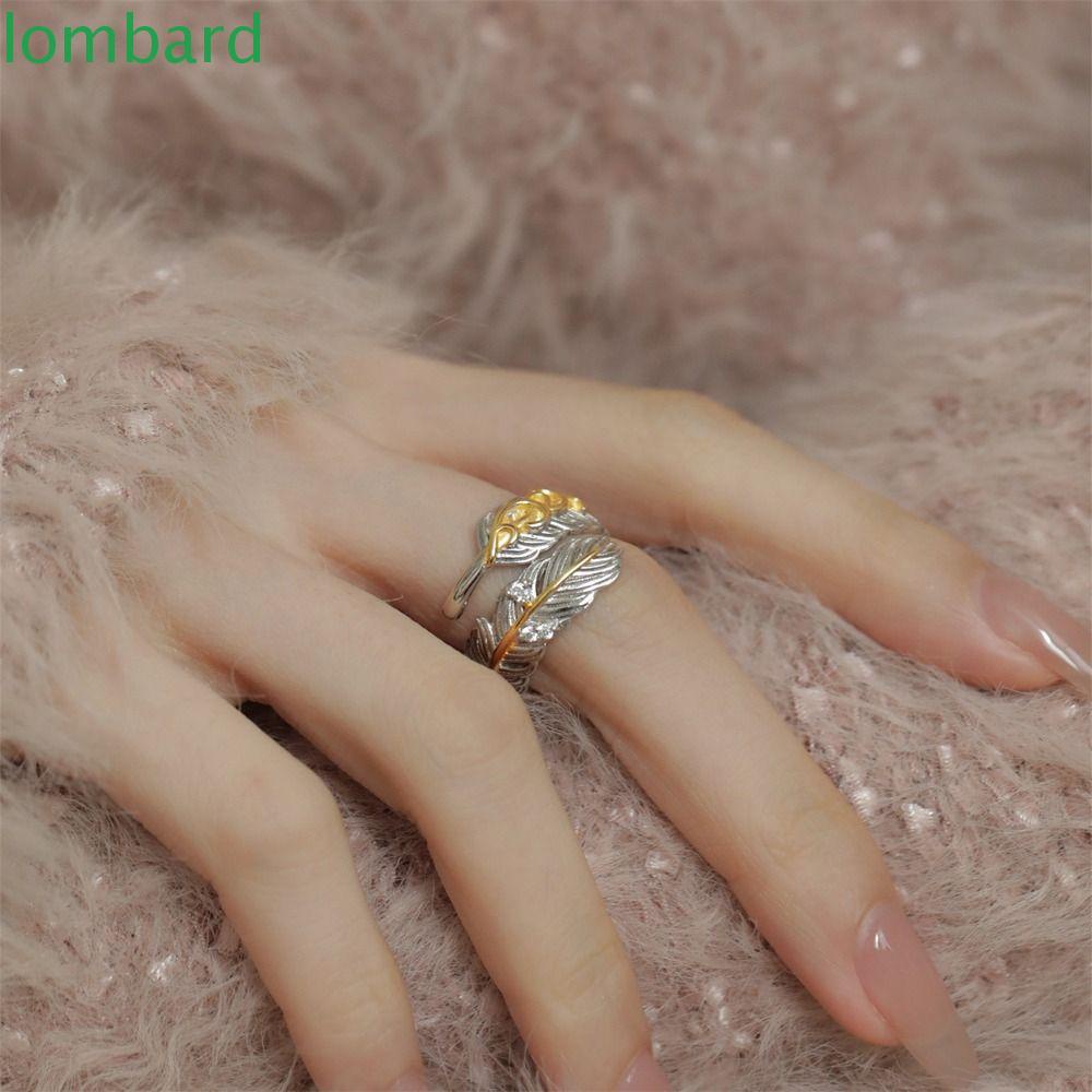 LOMBARD Nhẫn Hở Mạ Đồng Hình Lông Vũ Phong Cách Hàn Quốc Có Thể Điều Chỉnh