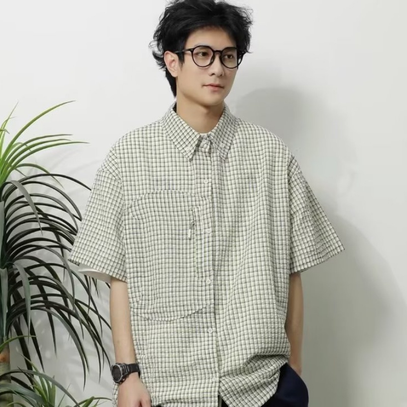 Áo Sơ Mi Tay Ngắn Dáng Rộng Họa Tiết Sọc Caro Thời Trang Phong Cách Nhật Bản Cho Nam