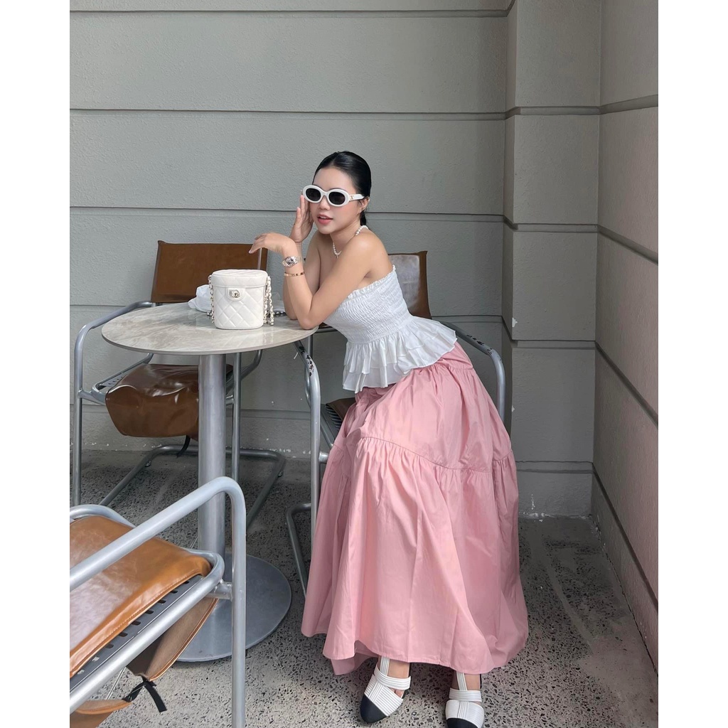 M555 - Set áo cúp nhún trắng kèm chân váy midi hồng chouchou