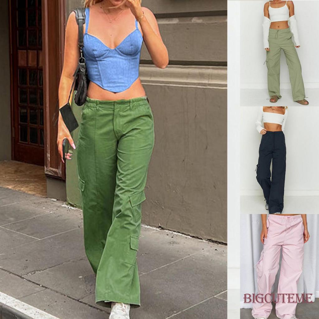 Quần Baggy Lưng Vừa Màu Trơn Có Túi Thời Trang Đường Phố Cho Nữ