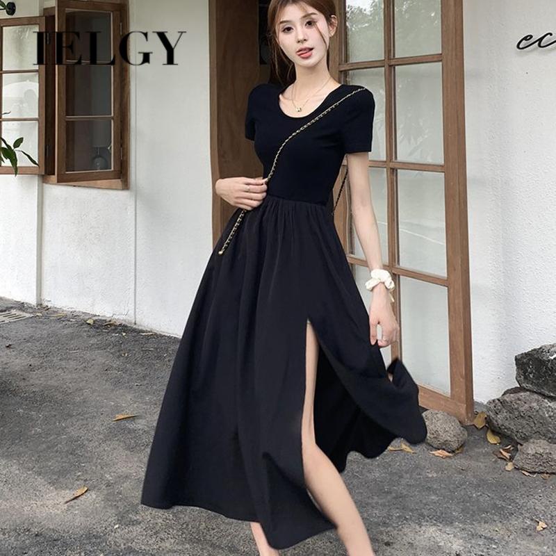 Đầm Dài Đến Đầu Gối Ôm Eo Tay Ngắn Màu Đen Xẻ Tà Thời Trang Cho Nữ