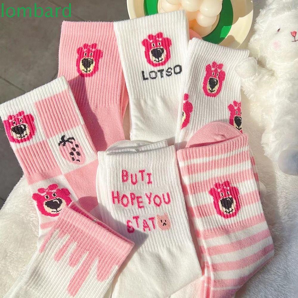 LOMBARD Đôi Vớ Thoáng Khí Họa Tiết Gấu Dâu Tây Thời Trang Dễ Thương Cho Nữ