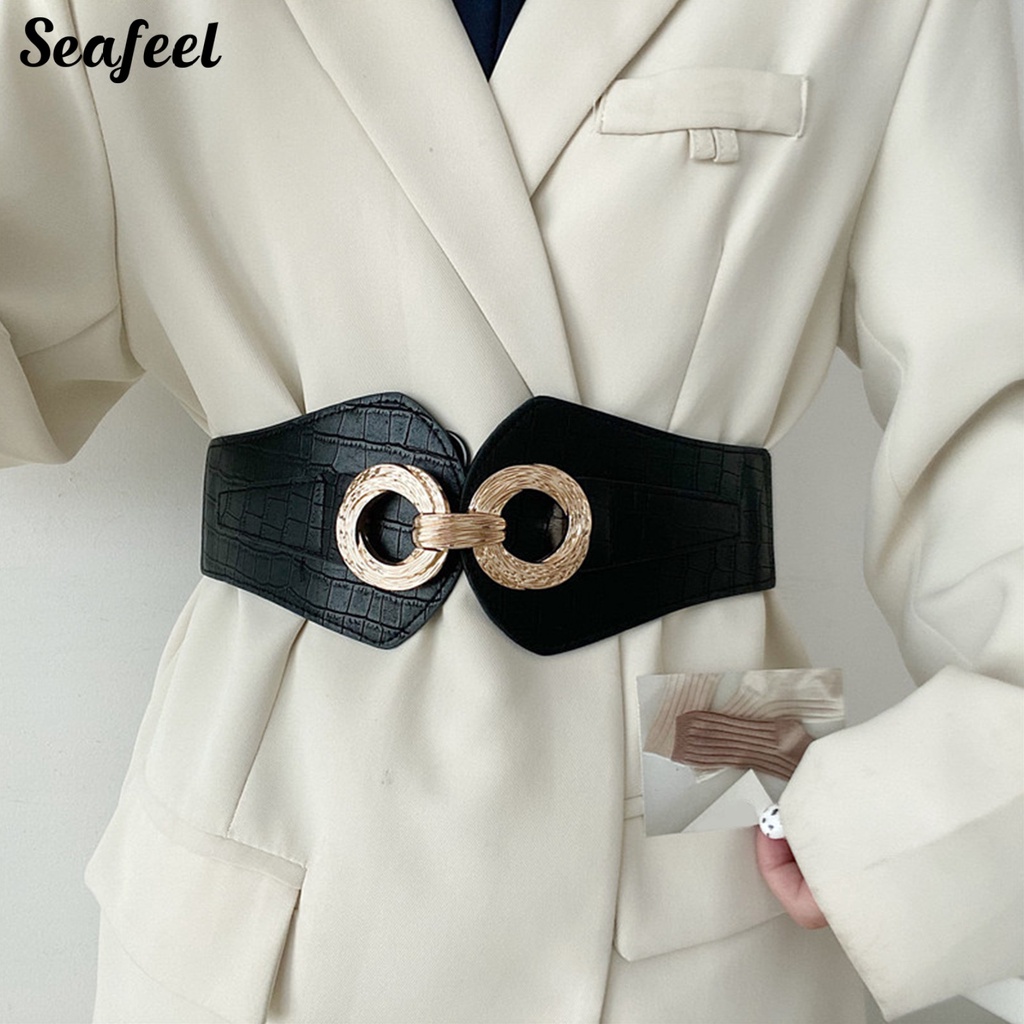 Thắt Lưng Da Bản Rộng Co Giãn Phối Màu Tương Phản Siêu Bền Thời Trang Cho Nữ