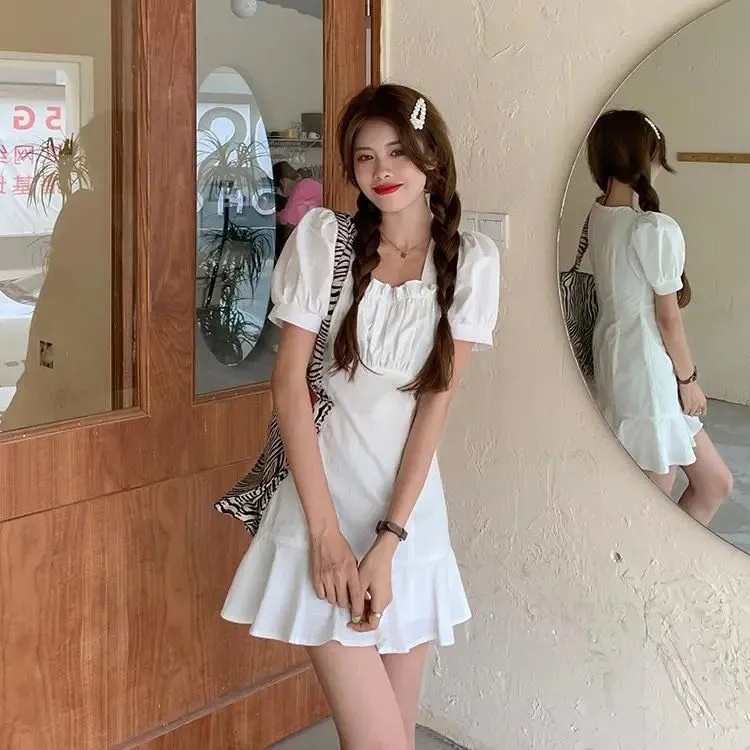 Đầm Ngắn Tay Phồng Nhún Bèo Màu Trắng Nhỏ Nhắn Phong Cách Hàn Quốc Thời Trang Mùa Hè Dành Cho Nữ Đầm set đồ nữ váy đi biển