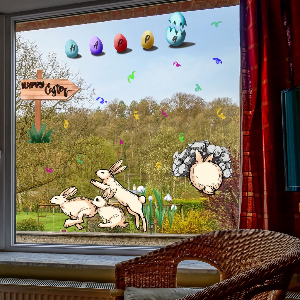 Set 2 Miếng Dán Tường / Cửa Sổ Bằng PVC Hình Thỏ Phục Sinh Dễ Thương Trang Trí Nhà Cửa