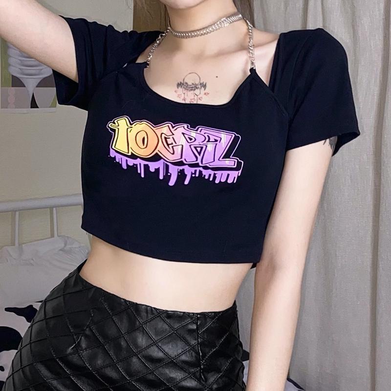 Áo Thun Ngắn Tay Giả Hai Lớp In Chữ Phong Cách Nhật Bản Mới Cho Nữ