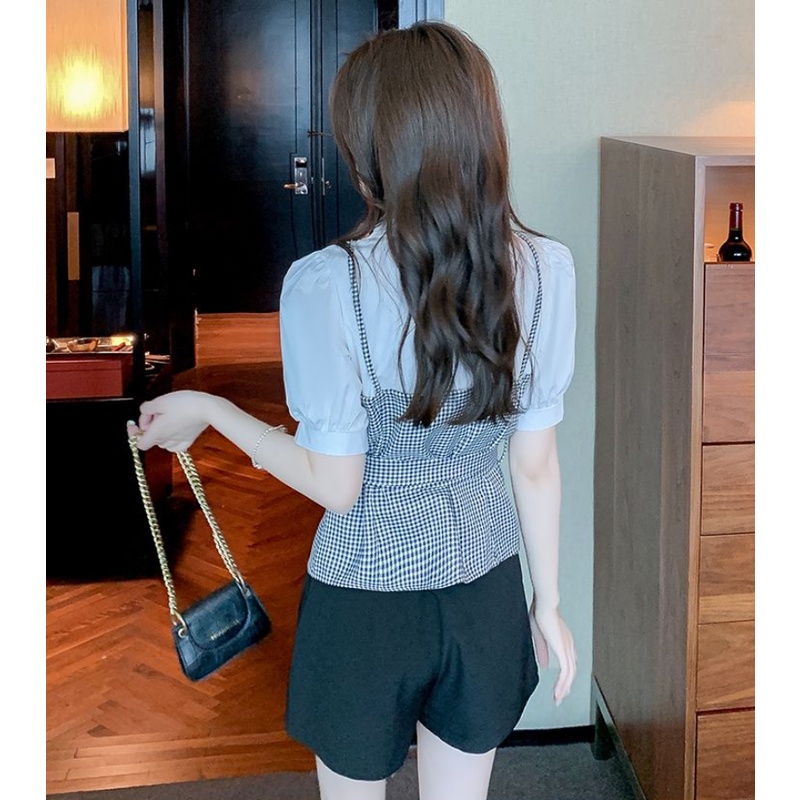 Áo Sơ Mi Chiffon Tay Ngắn Họa Tiết Sọc Caro Phong Cách Vintage Thời Trang Công Sở Cho Nữ