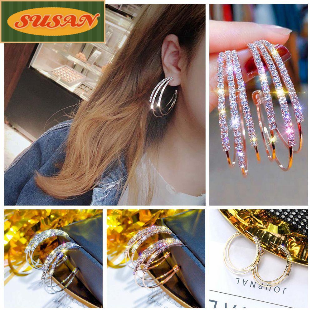 SUSANS 1 Đôi Bông Tai Tròn Lớn Đính Đá Dành Cho Nữ