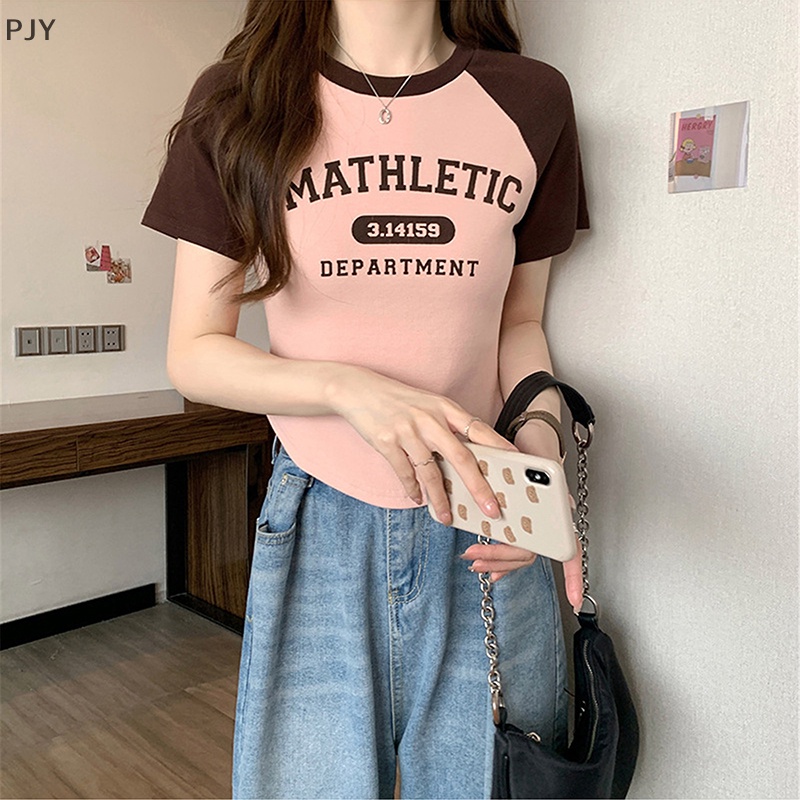 Áo Thun Tay Ngắn Cổ Tròn In Chữ Màu Sắc Tương Phản Thời Trang Mùa Hè Cho Nữ PJ