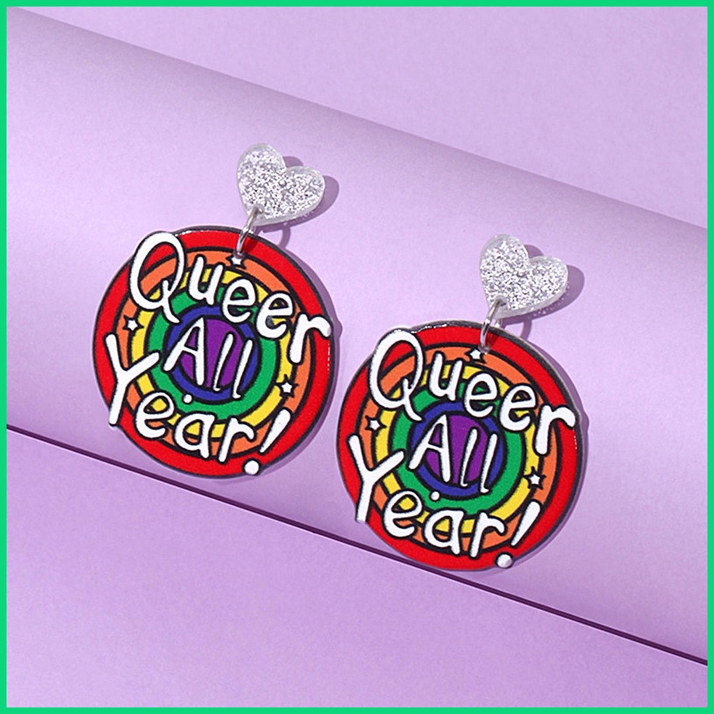 Bông Tai Dáng Dài Hình Trái Tim Màu Cầu Vồng Thời Trang